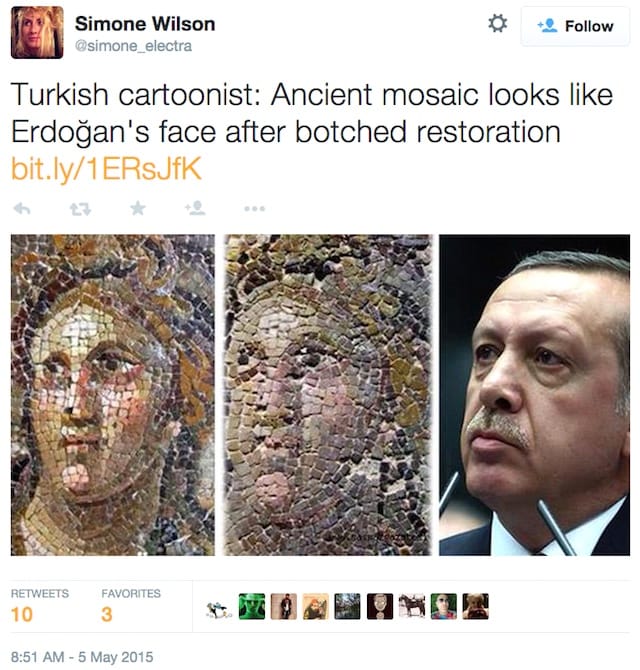 A tweet by Simone Wilson comparing one of the botched mosaics to Turkish President Recep Tayyip Erdoğan (via simone_elektra/Twitter)