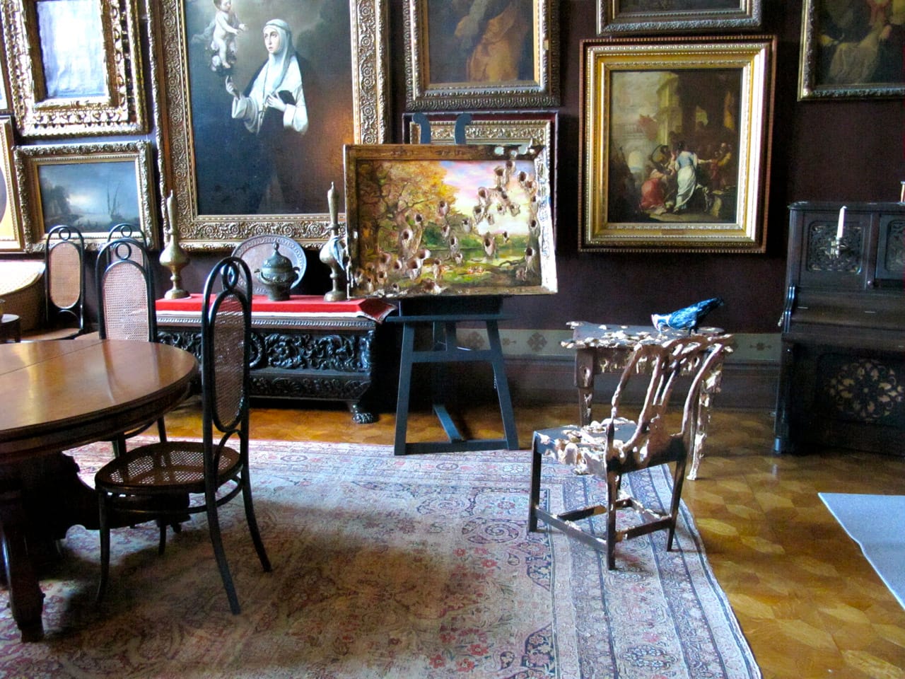 Valerie Hegarty, "Picnic with Downy Woodpecker and Table and Chair with Pileated Woodpecker" ( 2013)