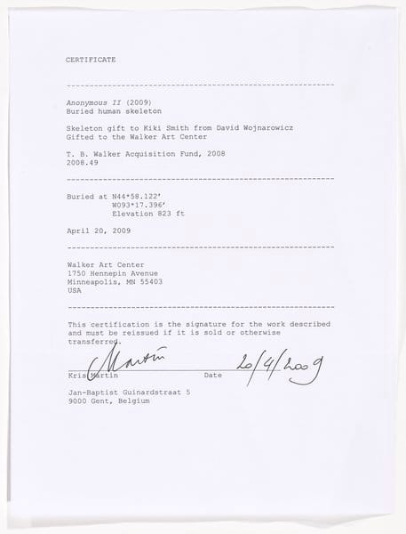 Kris Martin. Anonymous II (2009). buried human skeleton, certificate accompanying burial. overall 16 x 16 inches. Image: Walker Art Center