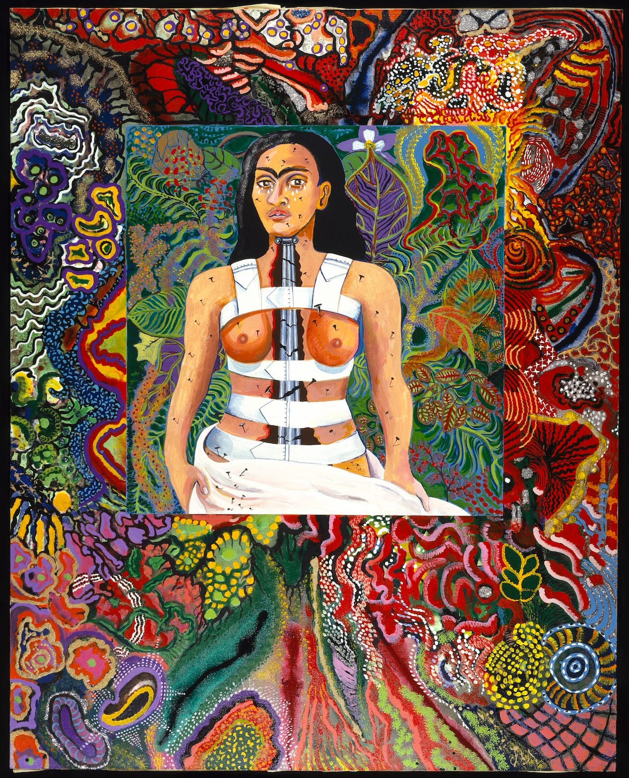 Miriam Schapiro, "Agony in the Garden" (1991), acrylic on canvas with glitter, 90 x 72 in. (Brooklyn Museum, purchase gift of Harry Kahn, 1991; © Miriam Schapiro)