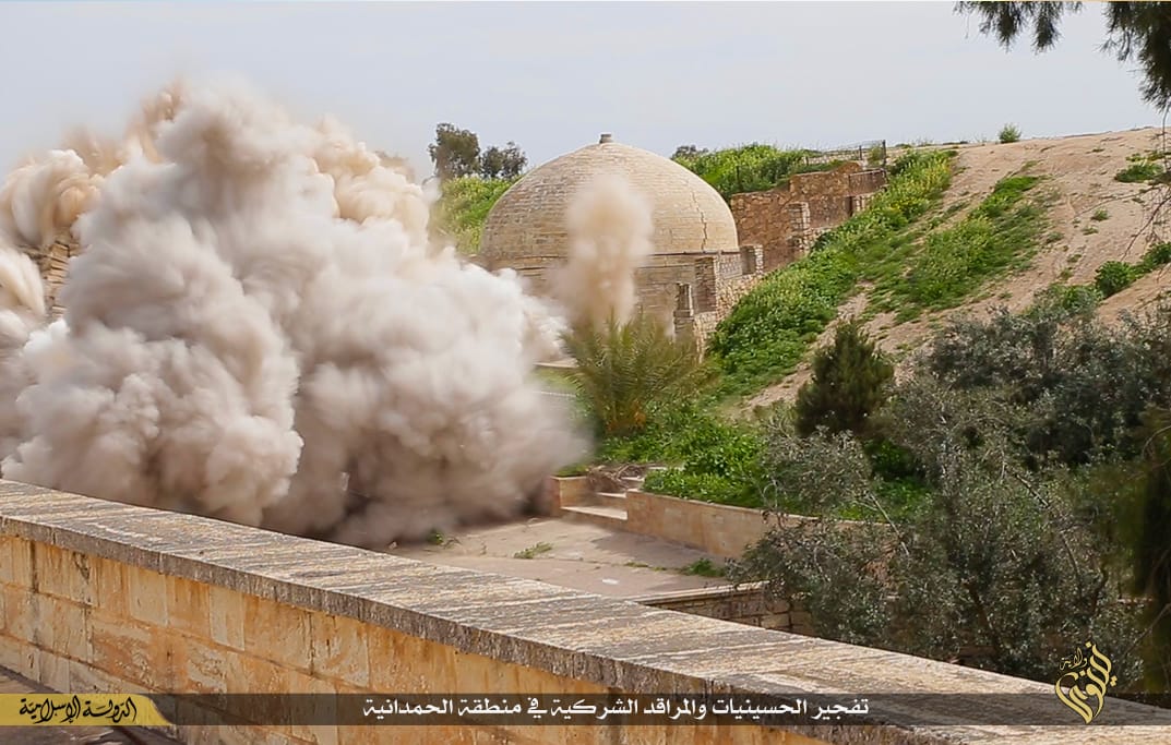 Still photo showing the destruction of the shrine released by ISIS, March 2015.