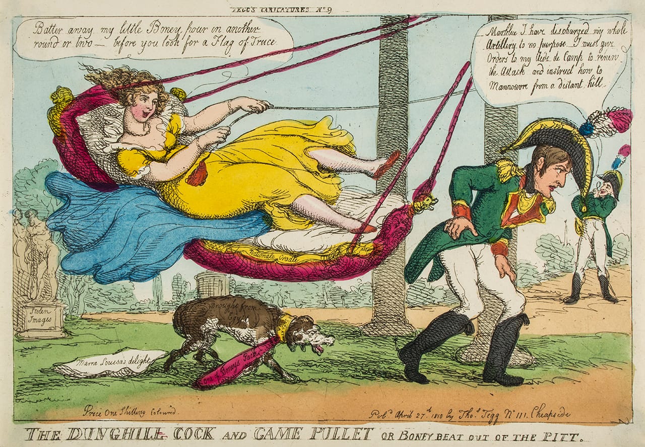 Thomas Rowlandson, "The Dunghill Cock and Game Pullet or Boney Beat out of the Pitt" (1810), satirising two aspects of Napoleon’s new marriage to Marie Louise of Austria, following his divorce from Josephine for failing to produce an heir, full of sexual innuendo in military terms, original hand-colored etching, 240 x 345 mm