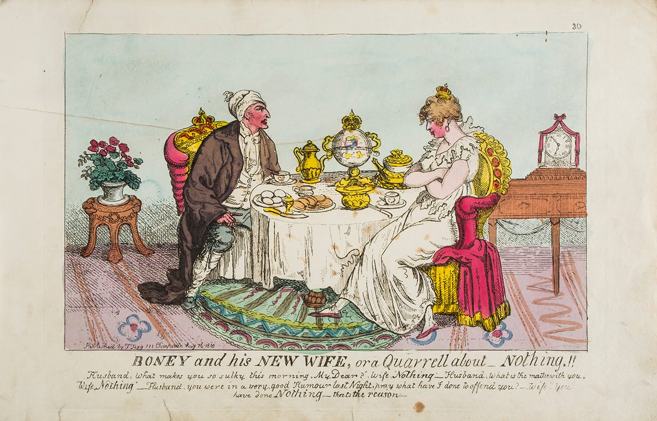 Anonymous satire on Napoleon's marriage to Marie Louise of Austria, "Boney and his New Wife, or a Quarrell about _ Nothing!!" (1810) (click to enlarge)