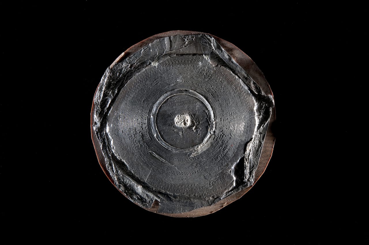 Volta Laboratory disc recording with Alexander Graham Bell's voice (December 29, 1881), reproduced in 1885 in tinfoil over plaster on cardboard backing (photo by Richard Strauss, Smithsonian)