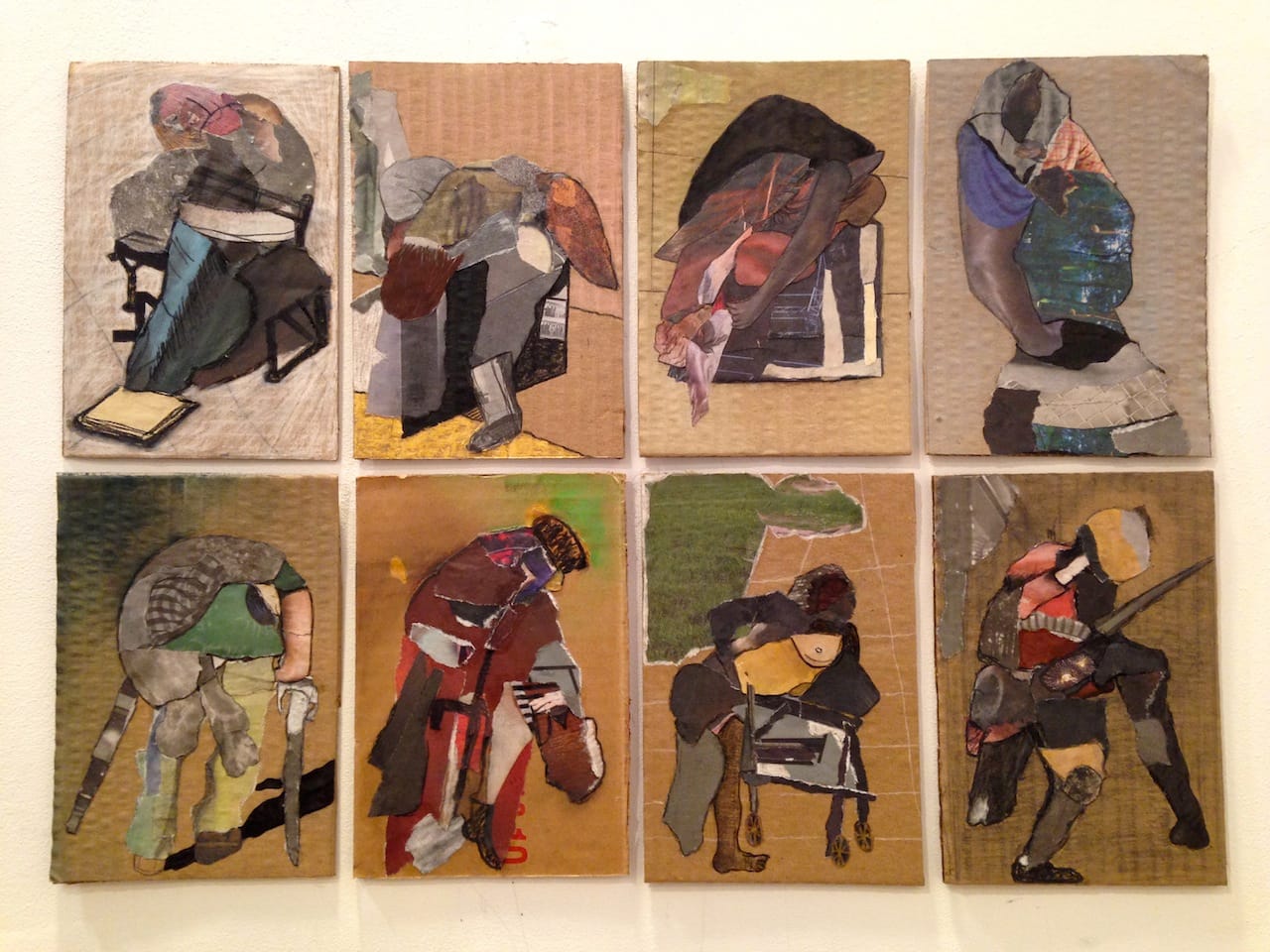 Cardboard collages by Fanny Allié (photo by Jillian Steinhauer for Hyperallergic)