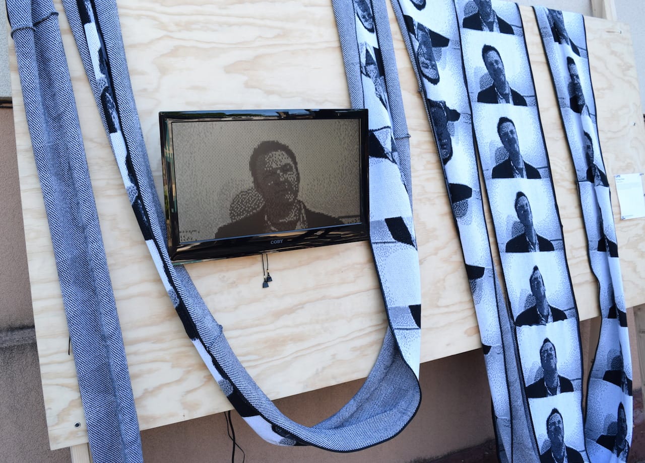 Greg Climer, "Knitted Film" (2015) in 'Westernized, Watered-down Zen Philosophies,' a pop-up show at 1866 Troutman Street during Bushwick Open Studios 2015 (photo by Benjamin Sutton for Hyperallergic)