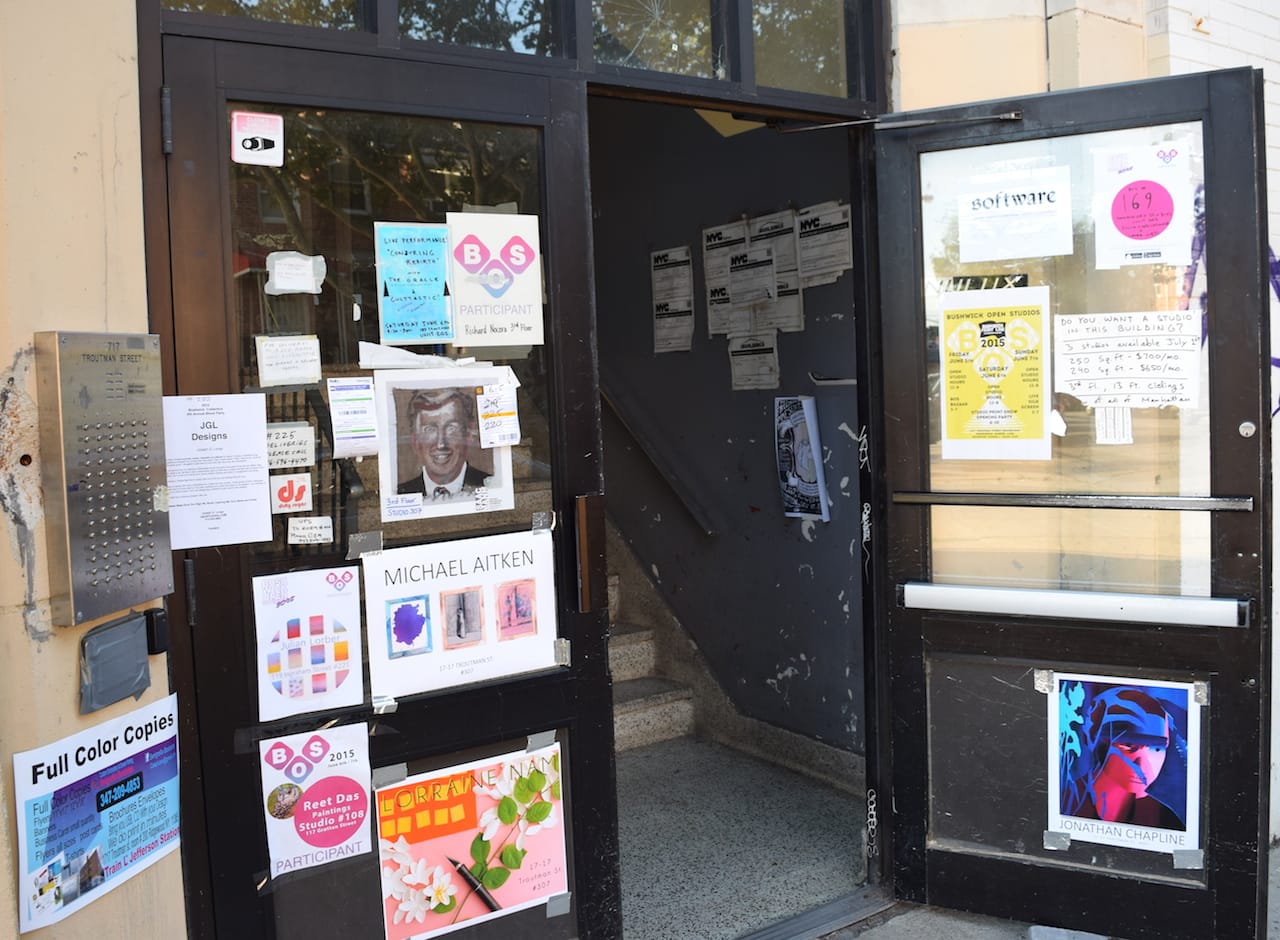 The entrance to 1717 Troutman, covered in Open Studio posters and advertisements. (all photos by the author)