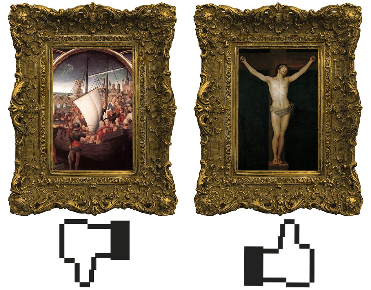Hans Memling's "Martyrdom of St Ursula" (ca. 1489) and Francisco de Goya's "Crucified Christ" (1780), artworks deemed uncreative and creative, respectively, by the creativity algorithm. (illustration by the author for Hyperallergic)