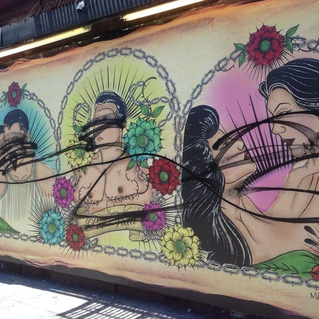 Manuel Paul's defaced mural in San Francisco (photo by Galería de la Raza/Instagram)