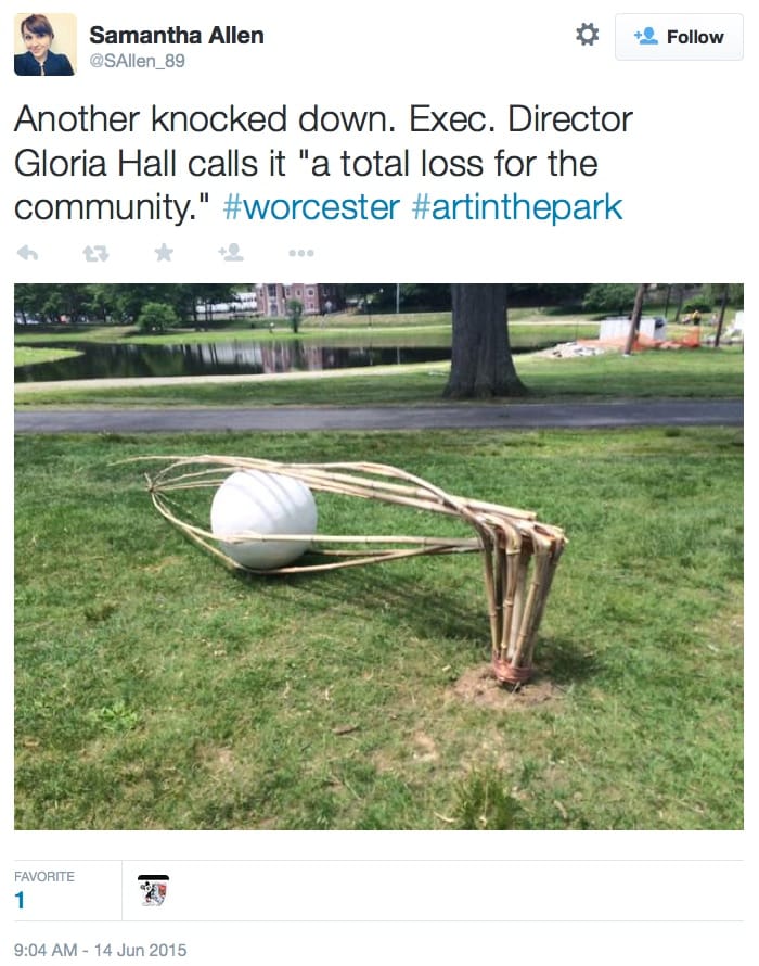 One of the damaged 'Art in the Park' sculptures in Worcester (via Samantha Allen/Twitter)