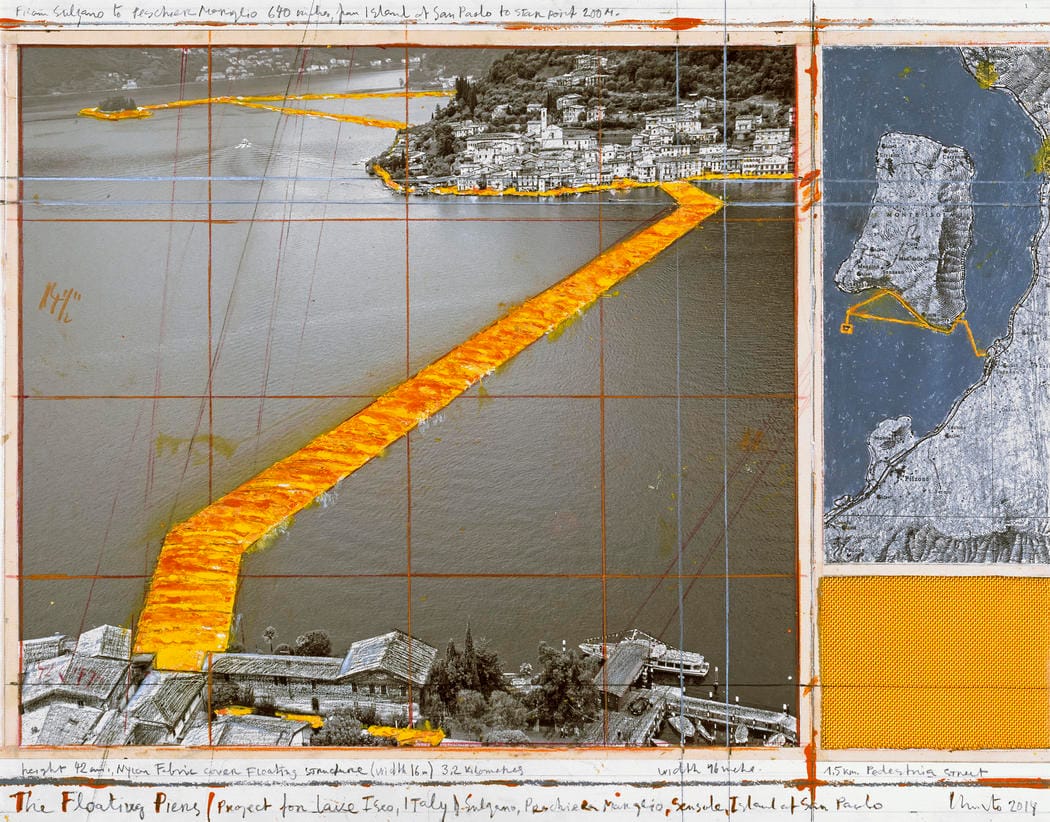 Christo, "The Floating Piers (Project for Lake Iseo, Italy)" (2014), collage, 17 x 22" (43.2 x 55.9 cm), Pencil, wax crayon, enamel paint, photograph by Wolfgang Volz, map, fabric sample and tape (Photo: André Grossmann © 2014 Christo)