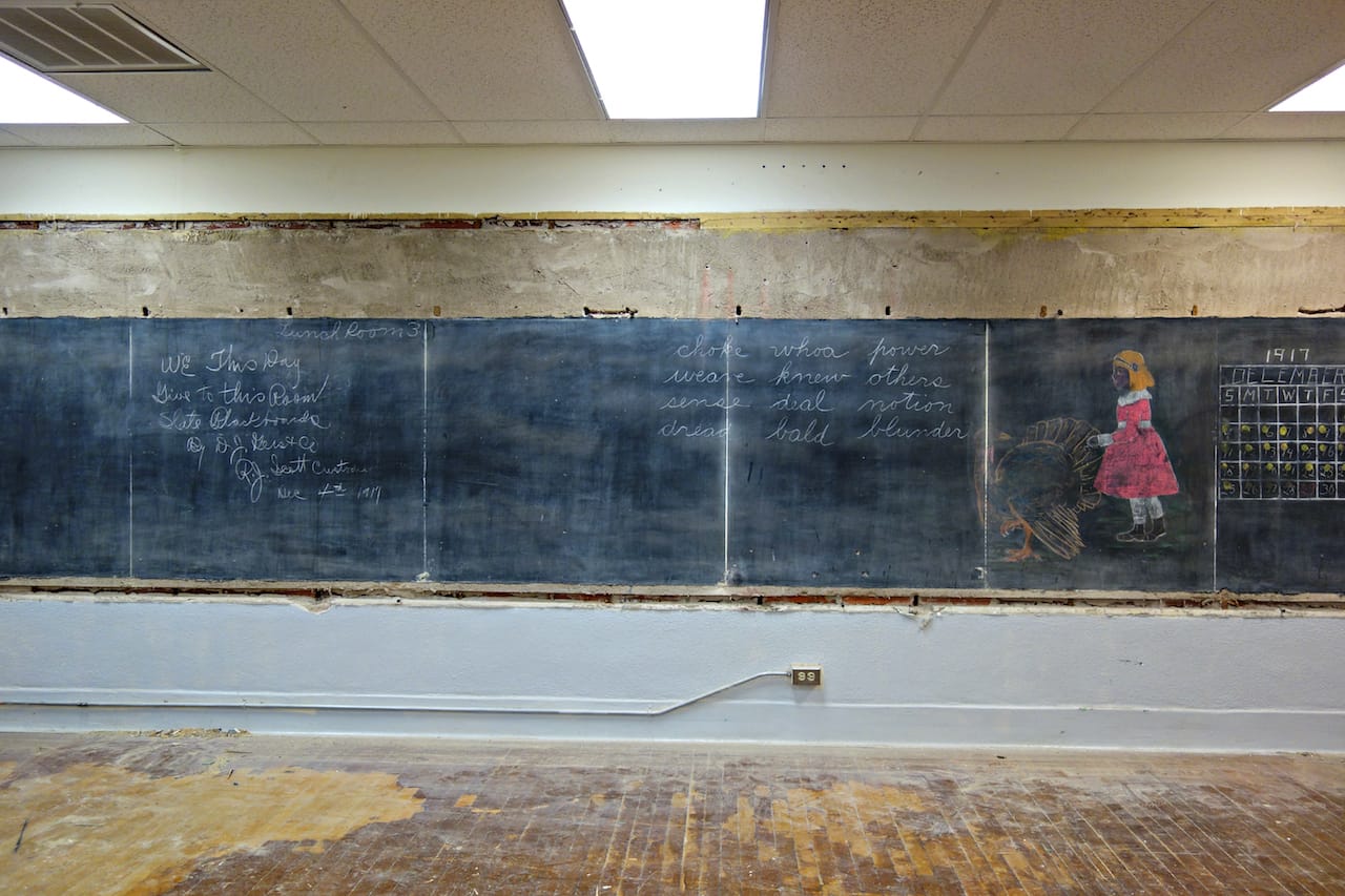 Some of the 1917 chalkboard drawings discovered last June (photo by the author for Hyperallergic)