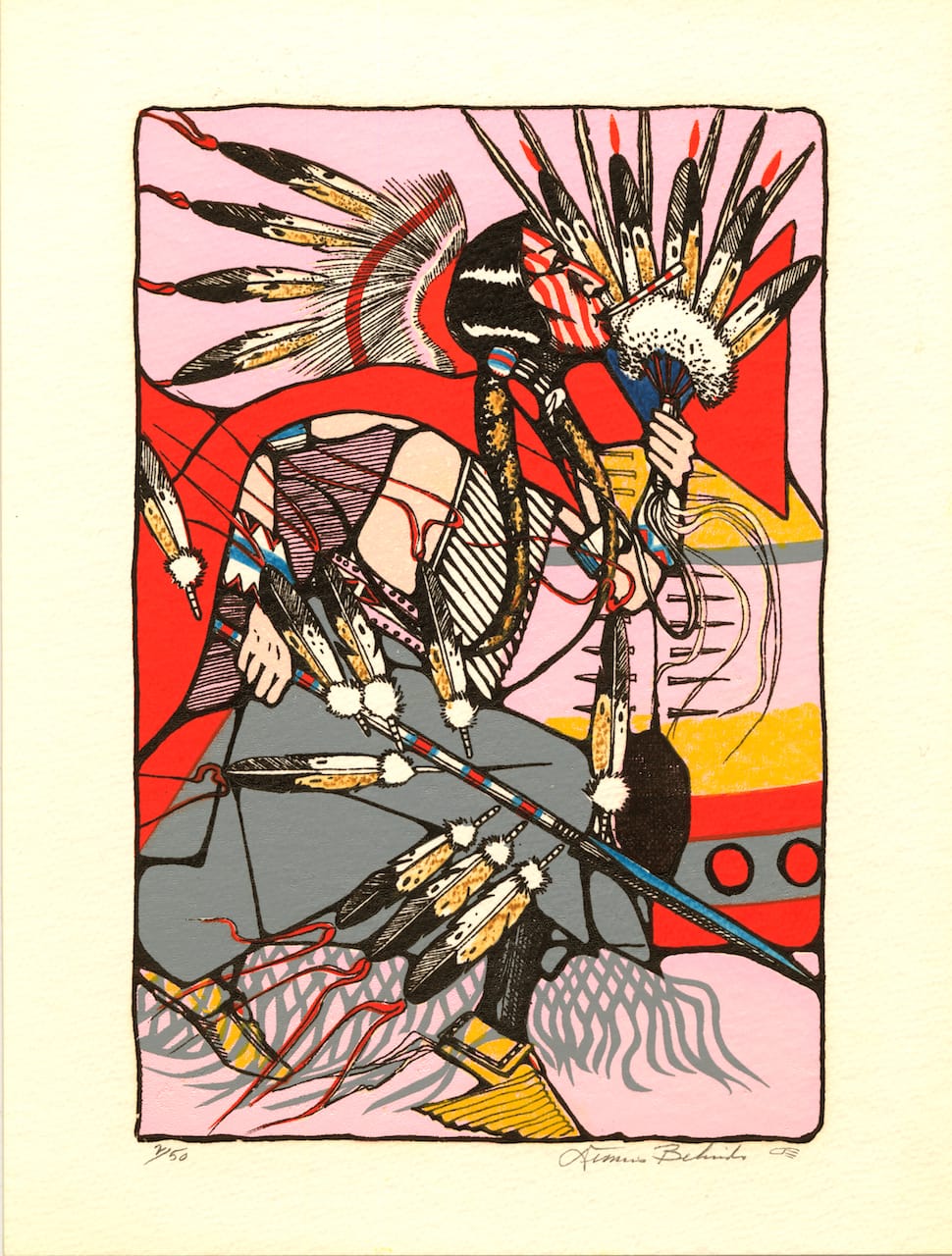 Dennis Belindo (U.S., Kiowa/Navajo; 1938-2009), "Kiowa Blackleggins" (1990), serigraph, 14 3/4 x 11 in. (courtesy Fred Jones Jr. Museum of Art, The University of Oklahoma, Norman; & the artist's estate) 