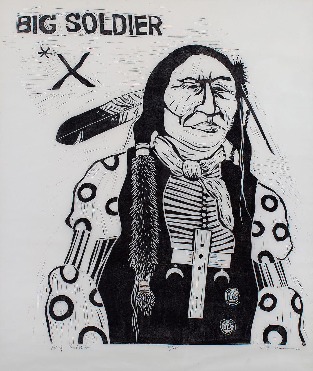 Tommy Wayne "T.C." Cannon (U.S., Kiowa/Caddo; 1946-1978), "Big Soldier" (1973), linocut, 39 1/2 x 34 1/2 in.  (courtesy Fred Jones Jr. Museum of Art, The University of Oklahoma, Norman; © Joyce Cannon Yi)