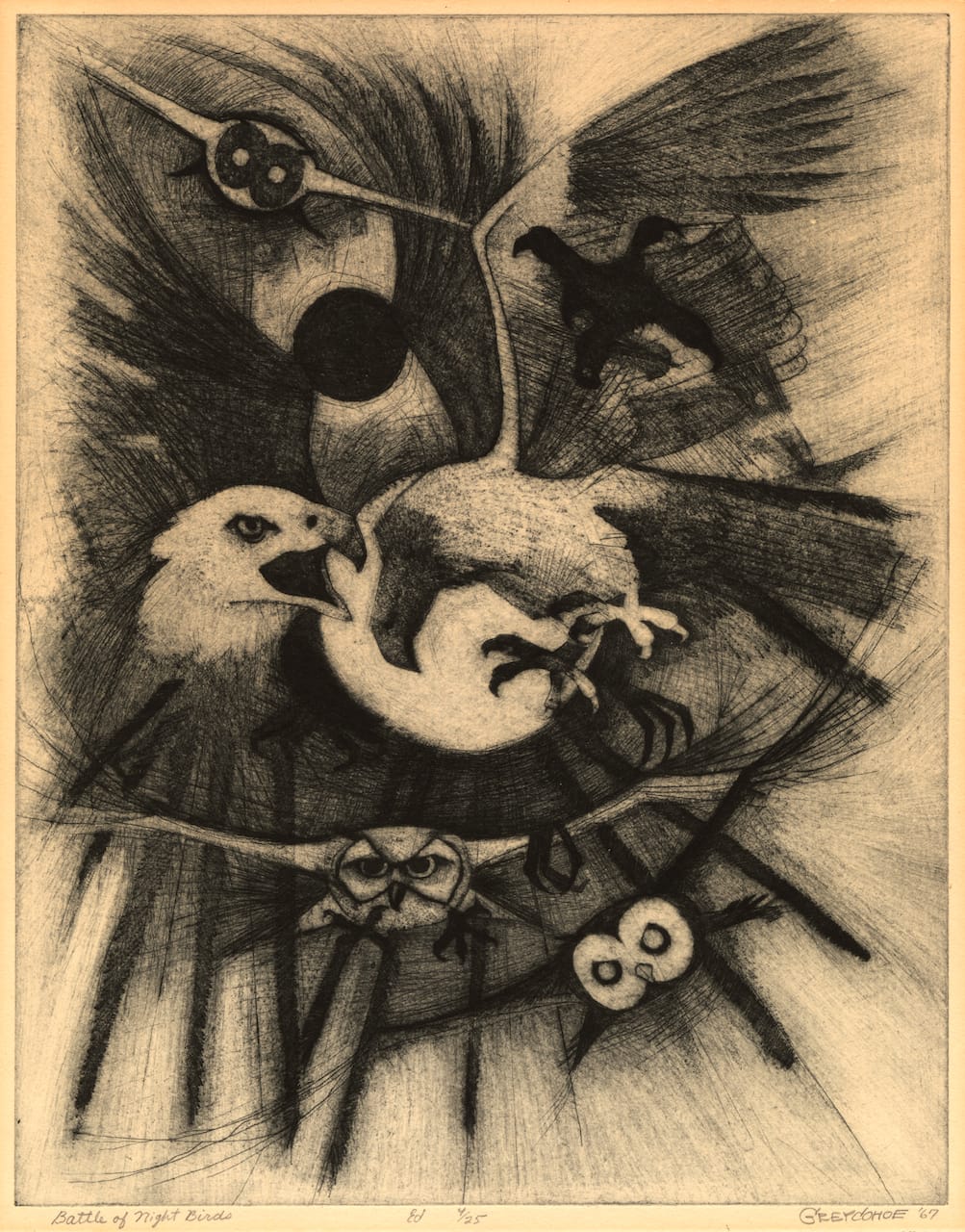 Grey Cohoe (U.S., Navajo; 1944-1991), "Battle of the Night Birds" (1967), etching, 22 3/4 x 19 3/4 in. (courtesy Fred Jones Jr. Museum of Art, The University of Oklahoma, Norman; The James T. Bialac Native American Art Collection)