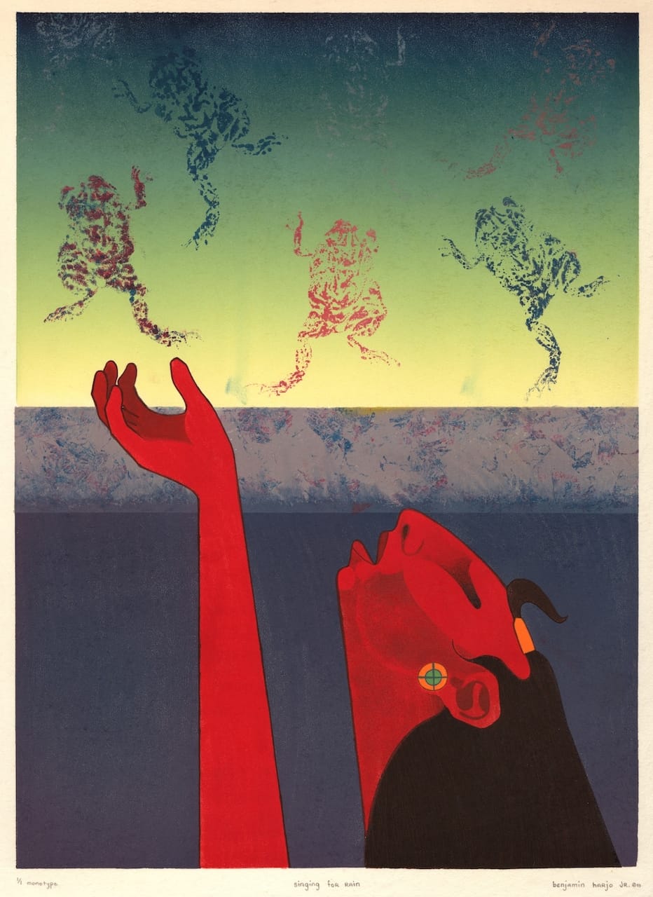 Benjamin Harjo, Jr., (U.S., Seminole/Shawnee; b. 1945), "Singing for the Rain" (1993), monotype, 23 x 17 in. (courtesy Fred Jones Jr. Museum of Art, The University of Oklahoma, Norman; & the artist)