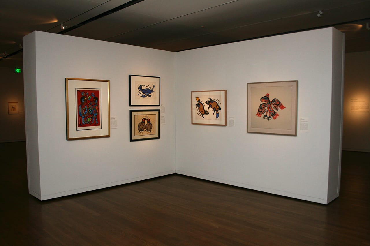 Installation view, 'Enter the Matrix: Indigenous Printmakers' at the Fred Jones Jr. Museum of Art (photo courtesy Fred Jones Jr. Museum of Art)