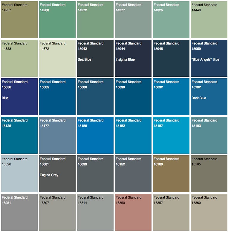 A selection of the 650 official Pantone Federal Standard Colors used by the US government (screenshot by the author via federalstandardcolor.com)