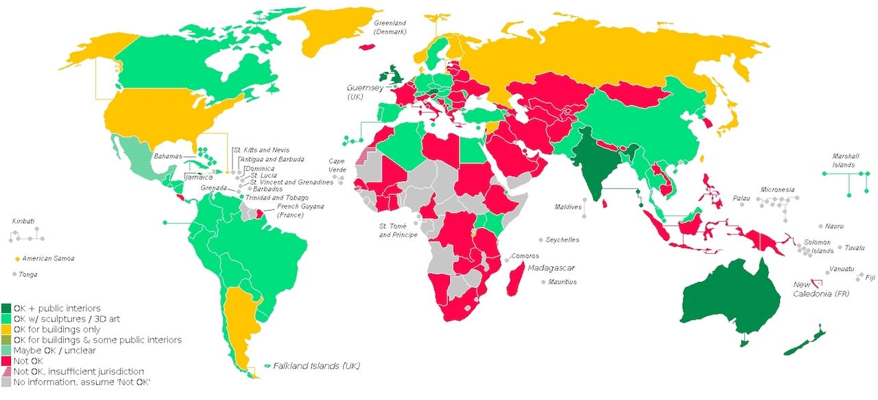 Freedom of Panorama around the world as of 2014 (Created by Mardus, via Wikimedia) (click to enlarge)