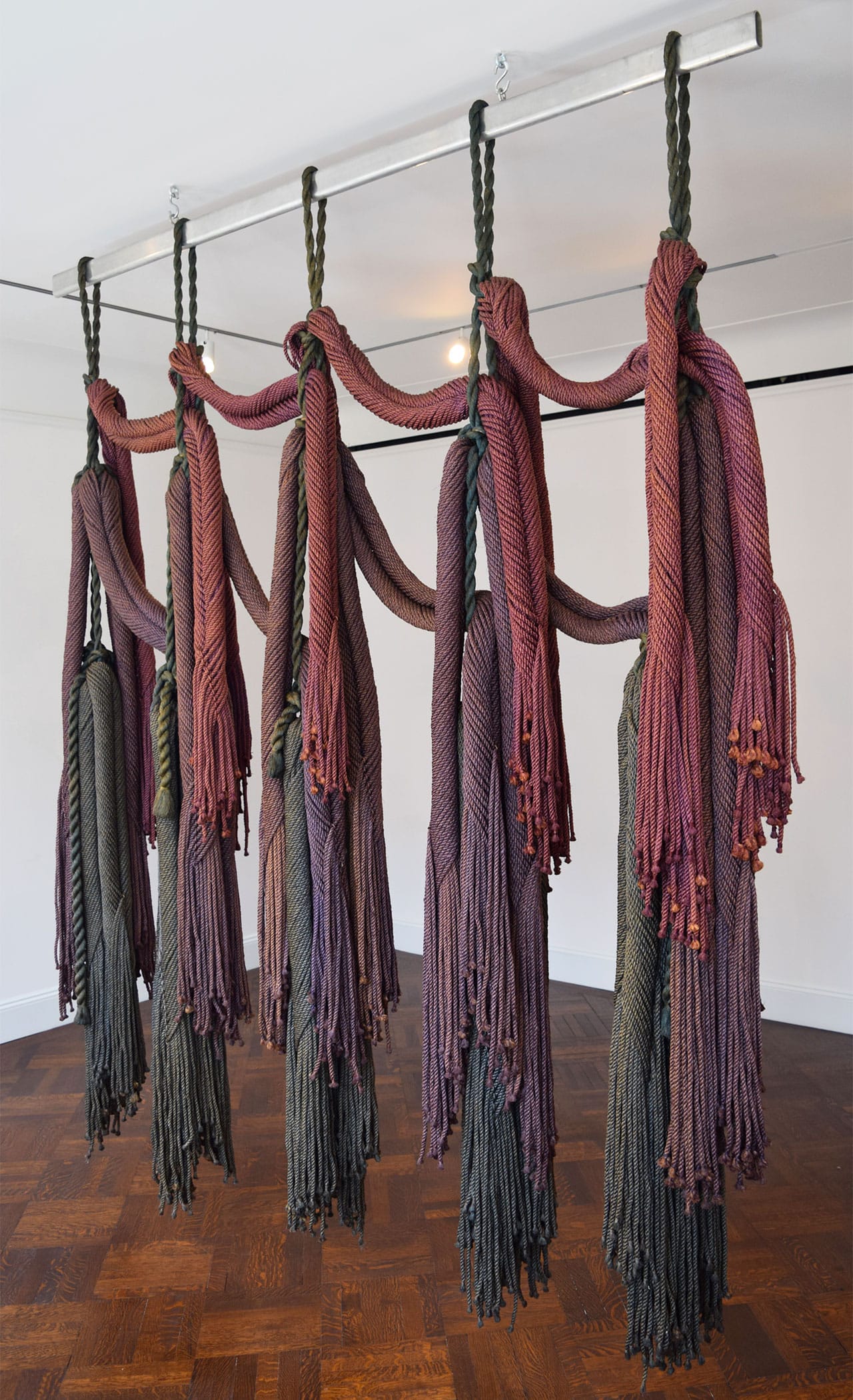 Françoise Grossen, "Five Rivers" (1974), dyed manila (all photos by the author for Hyperallergic)