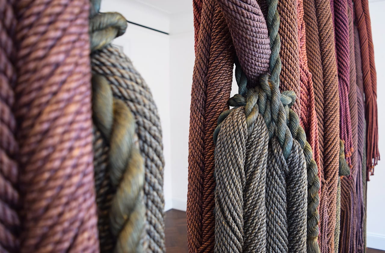 Detail of Françoise Grossen, "Five Rivers" (1974), dyed manila (all photos by the author for Hyperallergic)