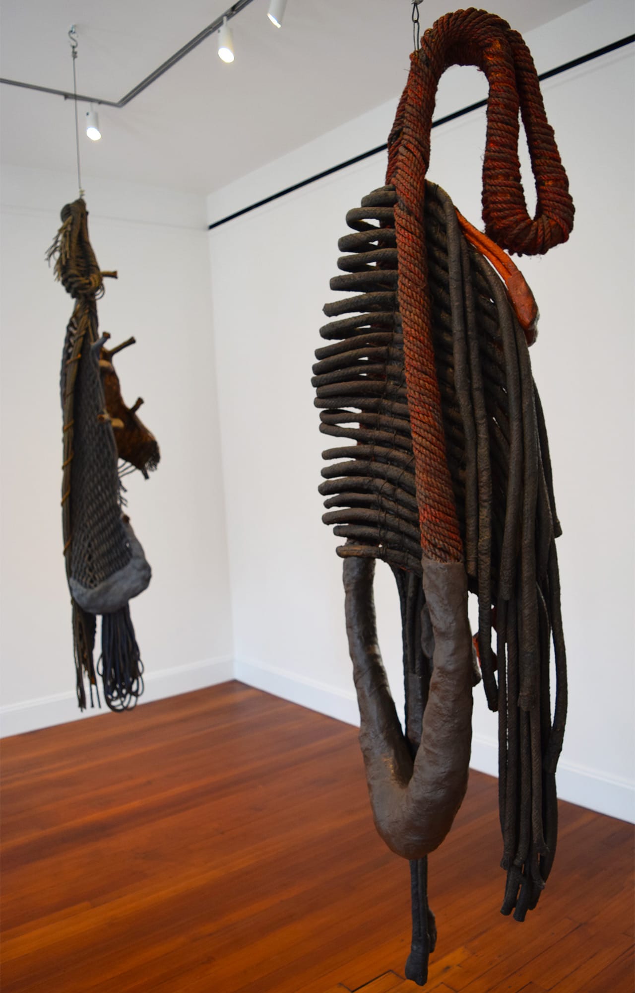 Installation view with Detail of Françoise Grossen's "Metamorphosis IV (4)" (1987–90, left) and "Metamorphosis IV (7)" (1987–90, right)