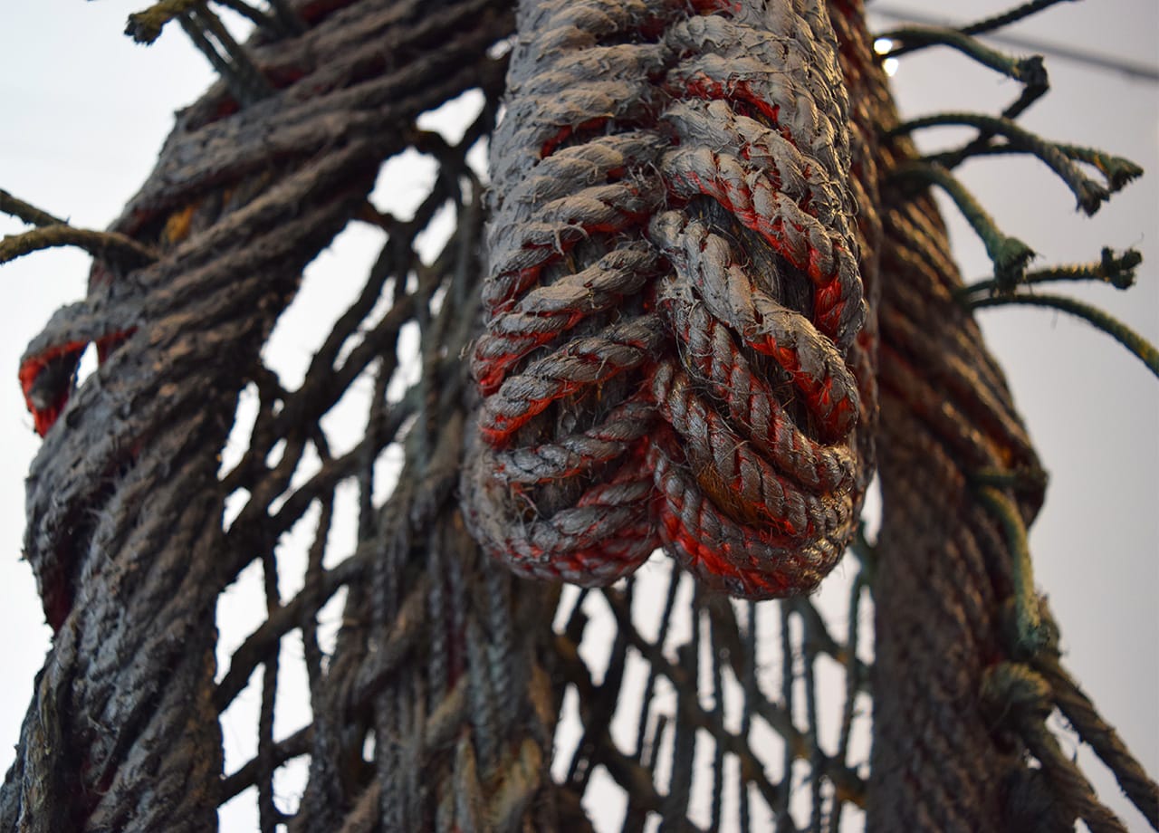 Detail of Françoise Grossen, "Metamorphosis IV (2)" (1987–90), dyed and painted manila, fabric, plaster, acrylic paint (all photos by the author for Hyperallergic)