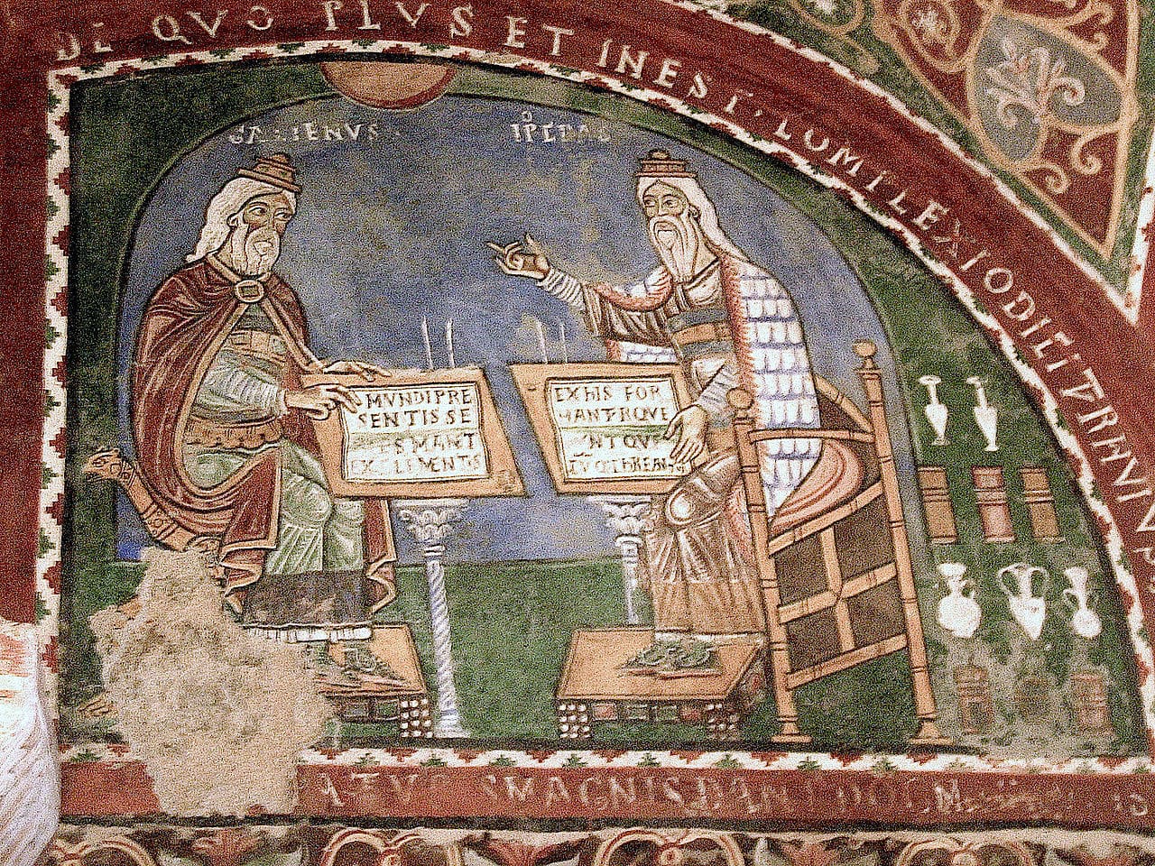 Galen conversing with Hippokrates in an Anagni, Italy, fresco (photo by Nina Aldin Thune, via Wikimedia)