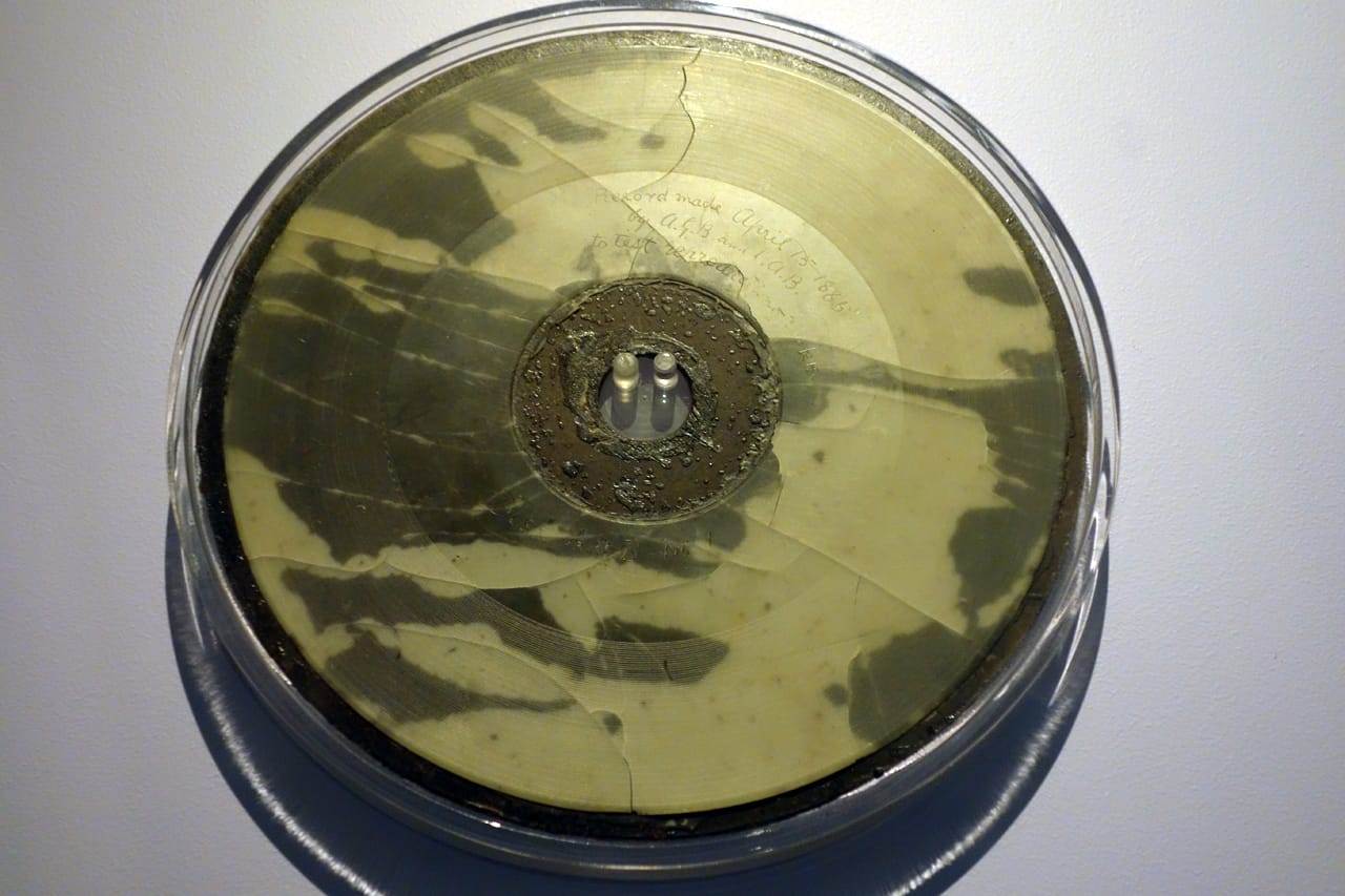 Experimental wax disc with the only confirmed recording of the voice of Alexander Graham Bell (1885) (photo by the author for Hyperallergic)