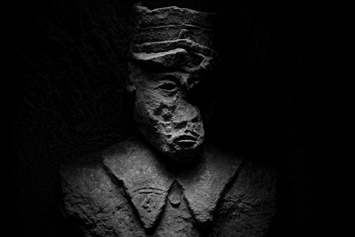 Sculpture of French soldier wearing uniform of 1914. Photographed 16 January 2014. Picardy, France. Terms of Use: These photos are for one-time use before January 1, 2015, limited to professional media outlets and blogs, in connection with an accompanying story about Jeffrey Gusky, his work and WW1-related discoveries. Stories appearing during the license period may be archived online by the media outlet or blog who published the story. This image is a low resolution version of the original. Higher resolution images are available by special arrangement with the artist. This image may not be modified and may not be used commercially except with a commercial license. This image is not available under any Creative Commons license. Copyright (c) 2014 Jeffrey Gusky. All Rights Reserved. Jeffrey Gusky, c/o attorney at P.O. Box 2526, Addison, TX 75001-2526. photos@jeffgusky.com .