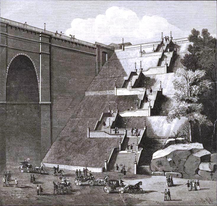 Stone steps at Highbridge Park, leading down to the Harlem River Speedway (1886) (via Scientific American)