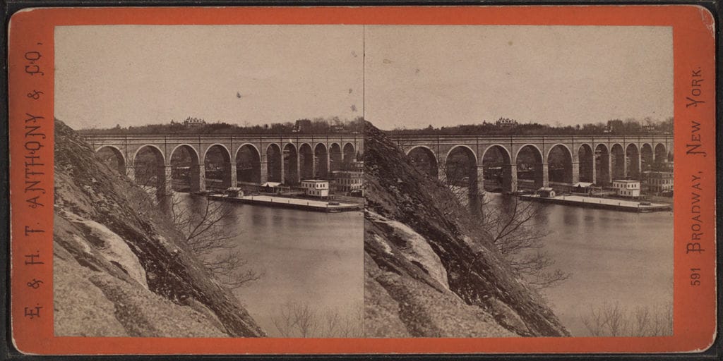 Stereocard of High Bridge from the East, prior to its replacement of the Manhattan-side arches with the steel bridge (via New York Public Library)