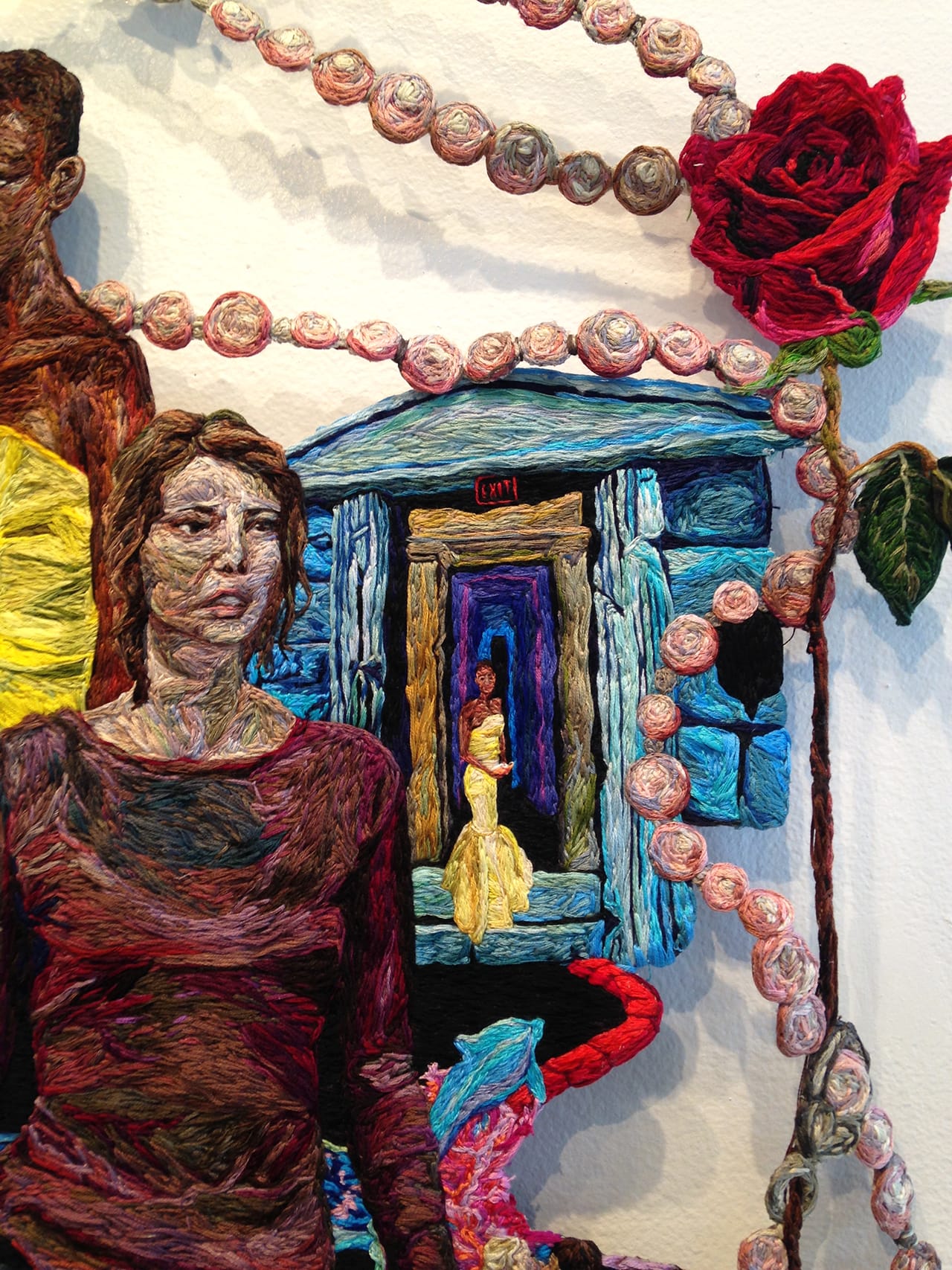 Detail of Sophia Narrett's "Something Went Wrong" (2014–15), embroidery thread and fabric, 59 x 35 in (photo by the author for Hyperallergic) (click to enlarge)