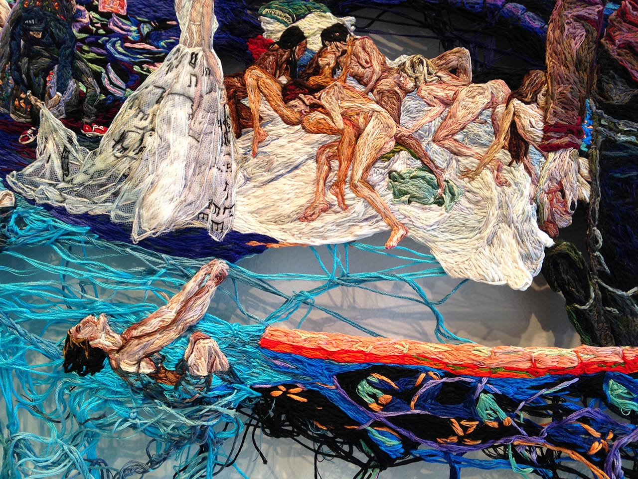 Detail of Sophia Narrett's "Something Went Wrong" (2014–15), embroidery thread and fabric, 59 x 35 in (photo by the author for Hyperallergic) (click to enlarge)