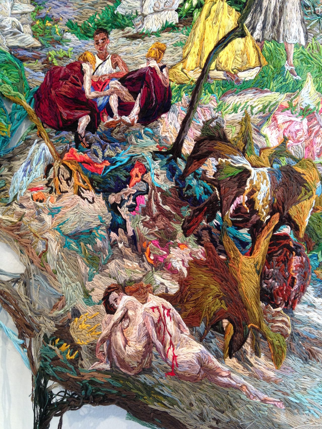 Detail of Sophia Narrett's "Stars Align" (2014), embroidery thread and fabric, 53 x 33 in (photo by the author for Hyperallergic) (click to enlarge)