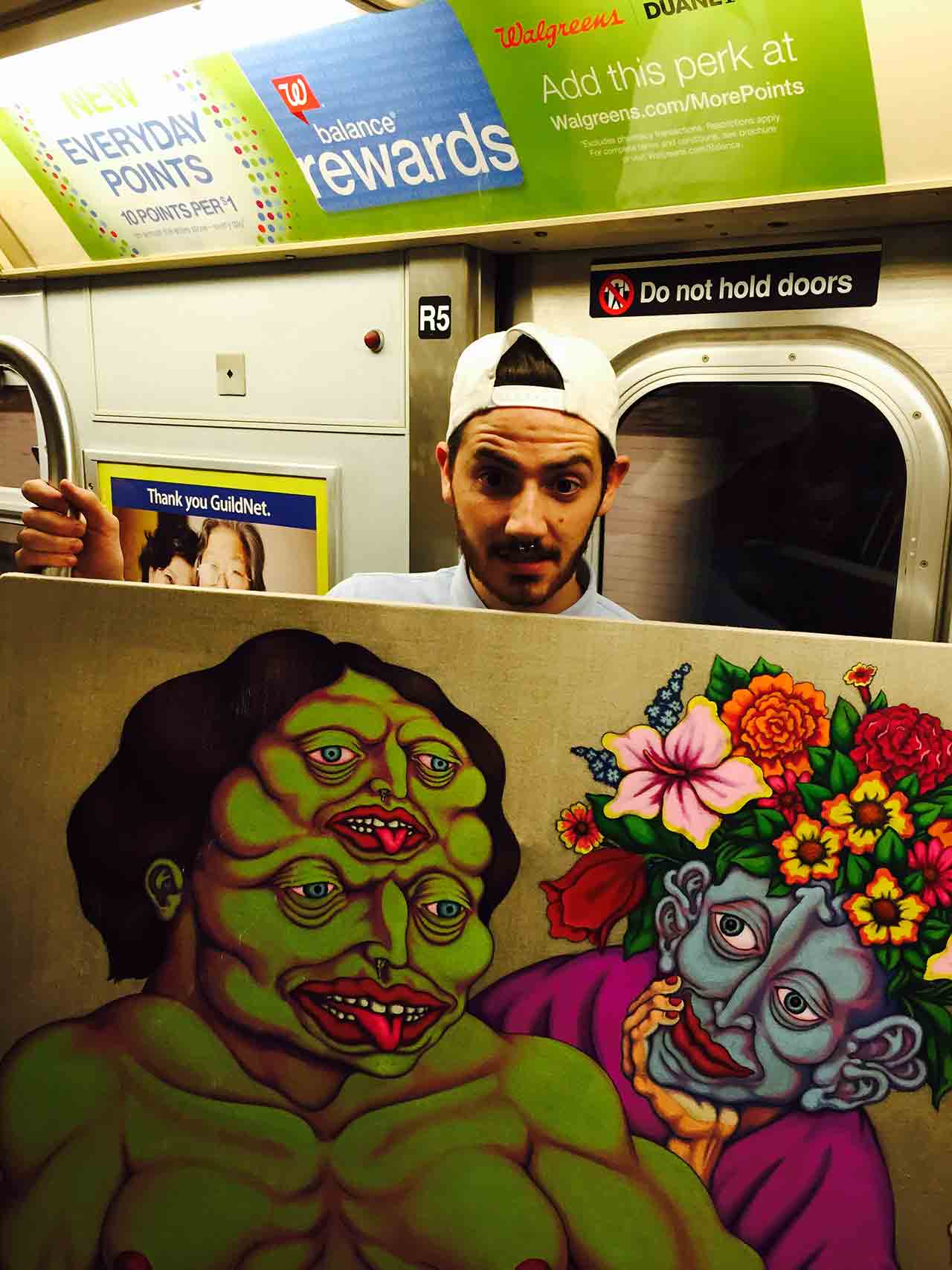 A student on Roosevelt Island with Don Pedro painting in a NYC subway car. (all photos provided by the artists)