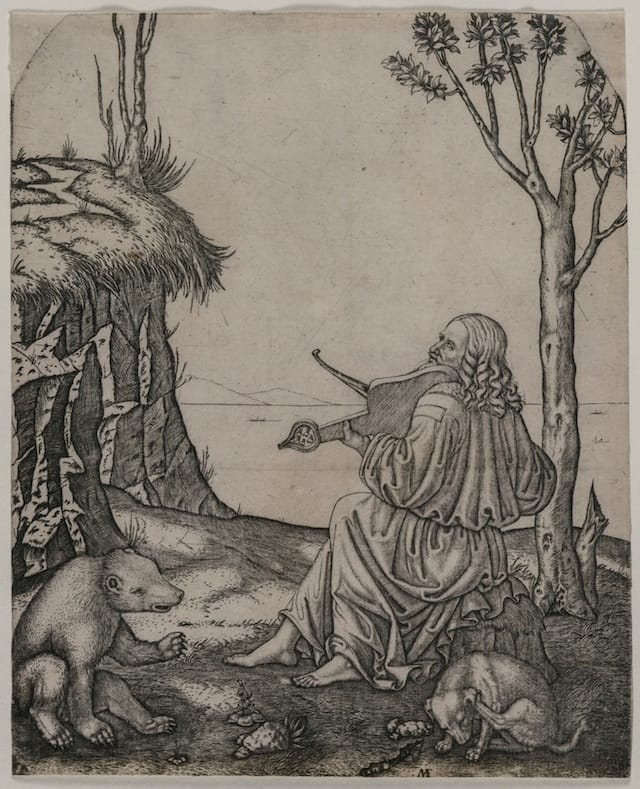 This engraving, created by Marcantonio Raimondi around 1505, may show Leonardo da Vinci playing an instrument called a lira da braccio. The man in the engraving was thought to be Orpheus, a musician in Greek mythology. Credit: Image courtesy Cleveland Museum of Art, 21.4 x 17.3 cm. Dudley P. Allen Fund 1930.579