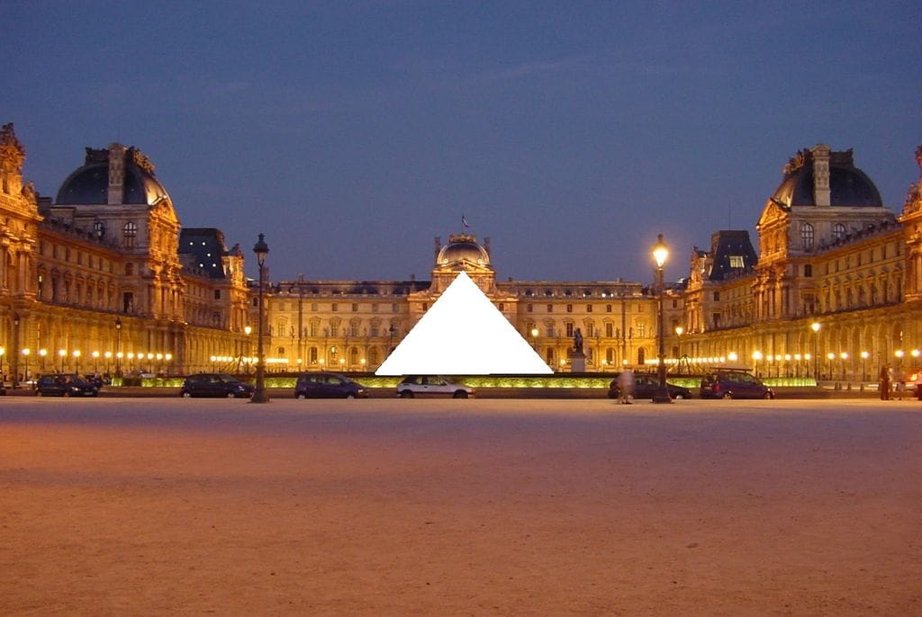 The Louvre at night, with the Pyramid censored (altered by 84user from a FOLP photo on Wikimedia)