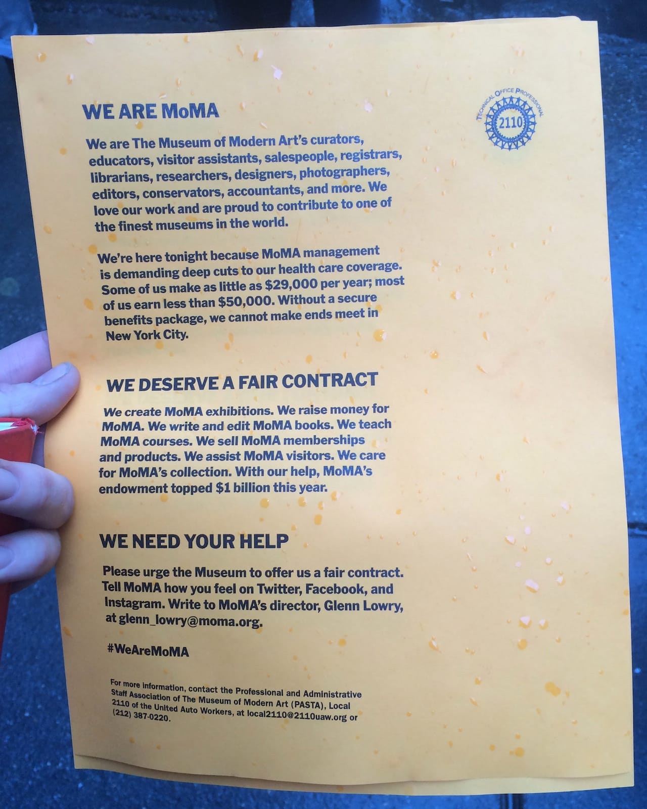 The leaflet that was handed out by MoMA workers at Tuesday night's protest. (click to enlarge)