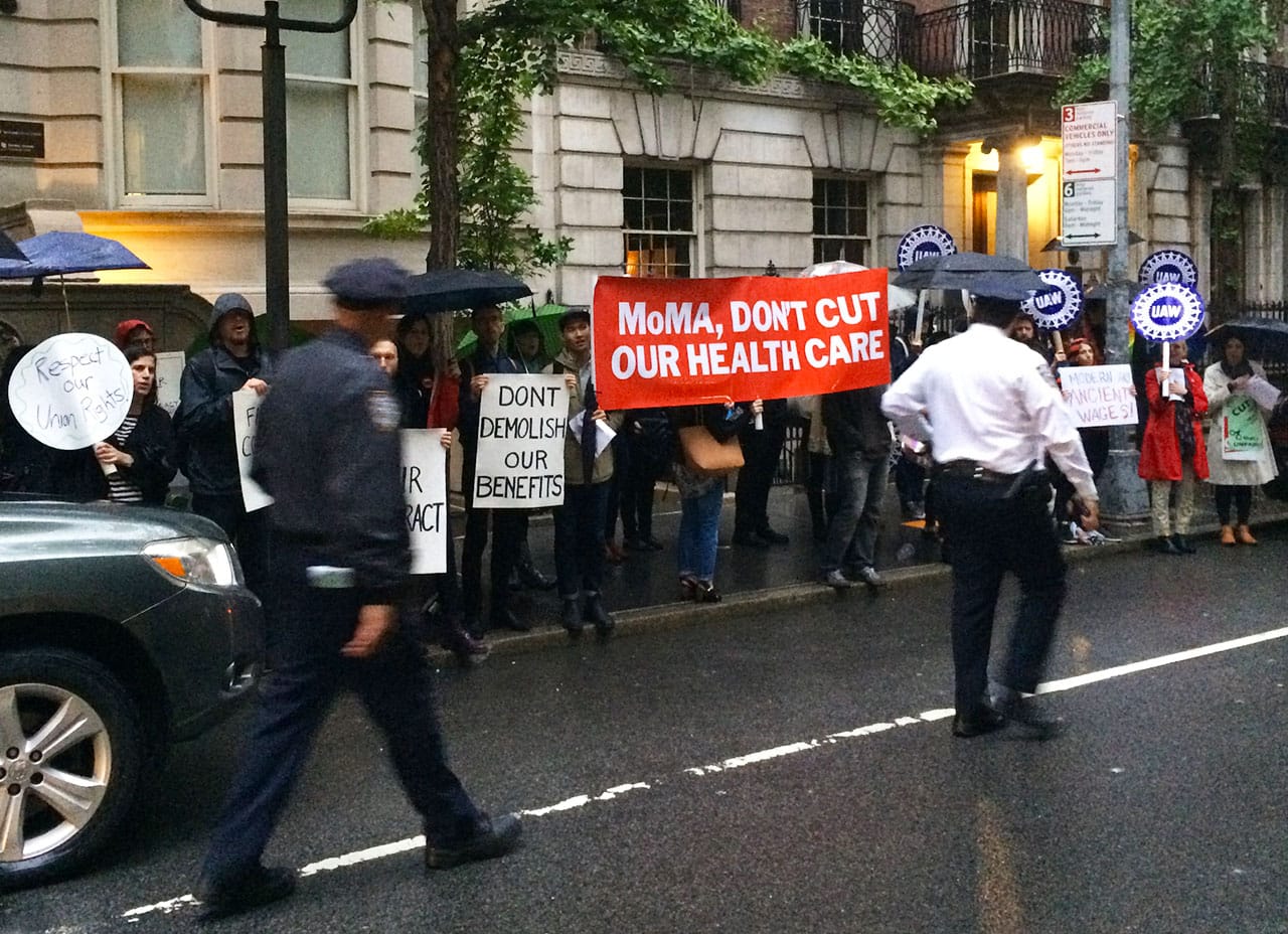 Museum of Modern Art employees and supporters protesting outside the museum on June 2, 2015. (photo by the author for Hyperallergic)