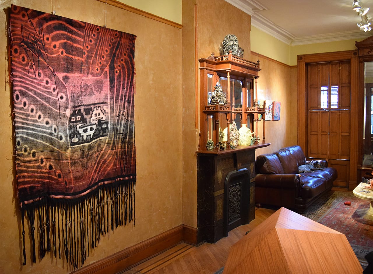 Installation view of 'Neo-Craftivism,' with a textile piece by Robin Kang at left (all photos by the author for Hyperallergic)