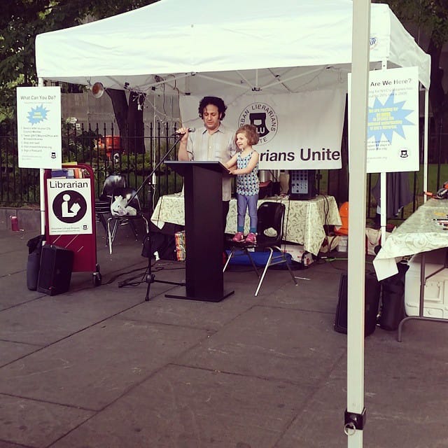 Participants in a 24-hour “read-in” at City Hall, organized by Urban Librarians Unite on June 11 to rally support for NYC's libraries (photo by @madam_pince/Instagram) (click to enlarge)