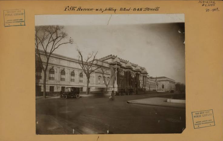 View of the Metropolitan Museum of Art on Fifth Avenue at 82nd Street (1915) (Irma and Paul Milstein Division of United States History, Local History and Genealogy, The New York Public Library)