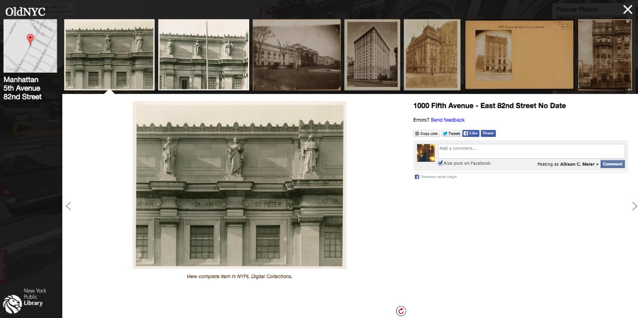 Screenshot of OldNYC showing archive NYPL images of the area around the Metropolitan Museum of Art