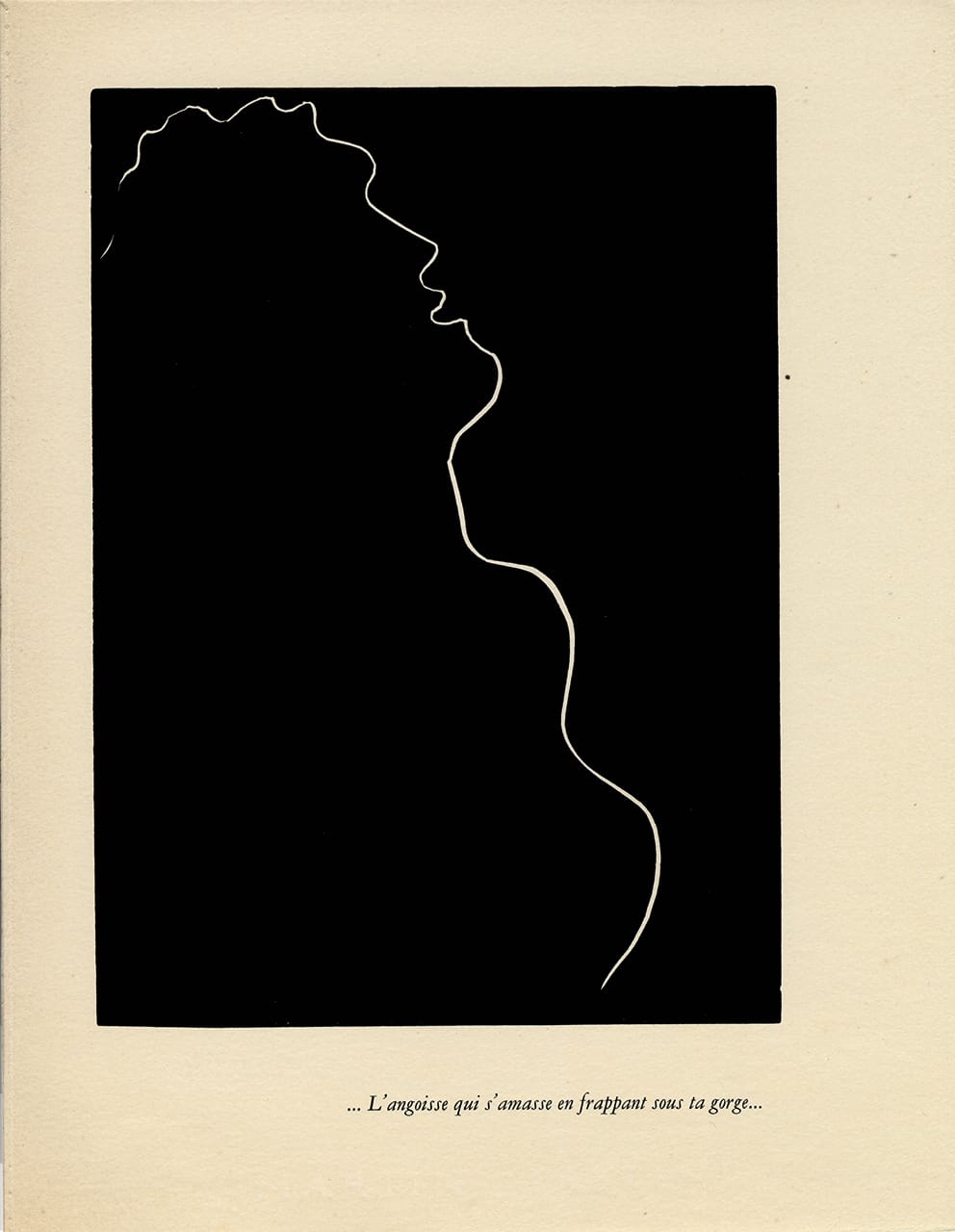 Henry Matisse  Henry de Montherlant Pasiphaé, Chant de Minos (Les Crétois) (Pasiphaé, Song of Minos [The Cretans]) Paris: Martin Fabiani, 1944 Number 17 of 250 copies ...L’angoisse qui s’amasse en frappant sous ta gorge...(The Fear Which Grows  and Sticks in Your Throat) Linocut on vélin d’Arches filigrané paper, 13 1/5” x 10 1/10” ( © 2015 Succession H. Matisse / Artists Rights Society, New York)