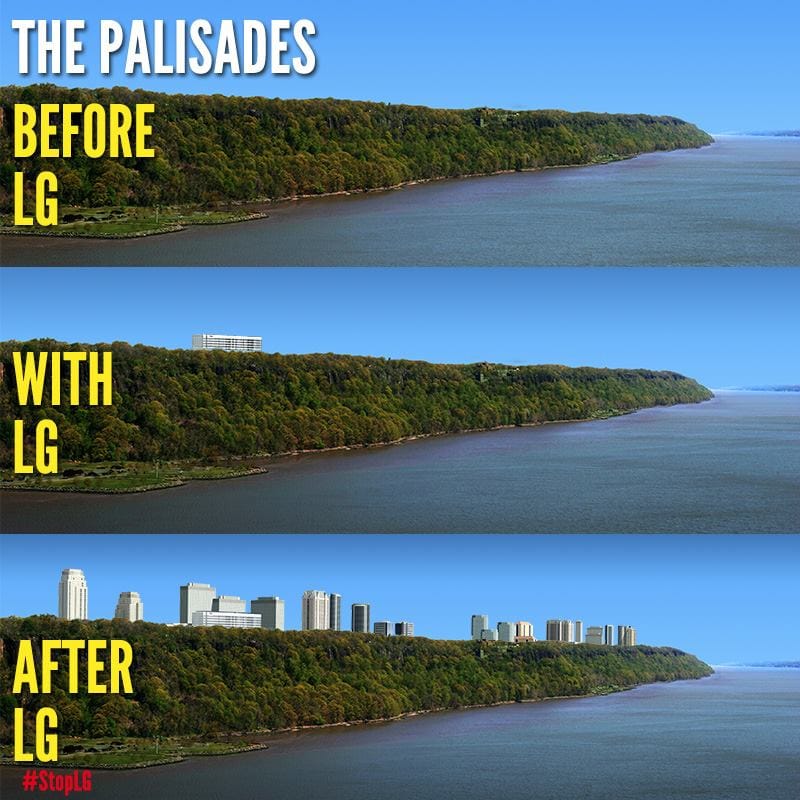 A rendering of the Palisades currently at top, followed by the proposed LG Electronics building, and conjecture about future development after LG (via Protect the Palisades)