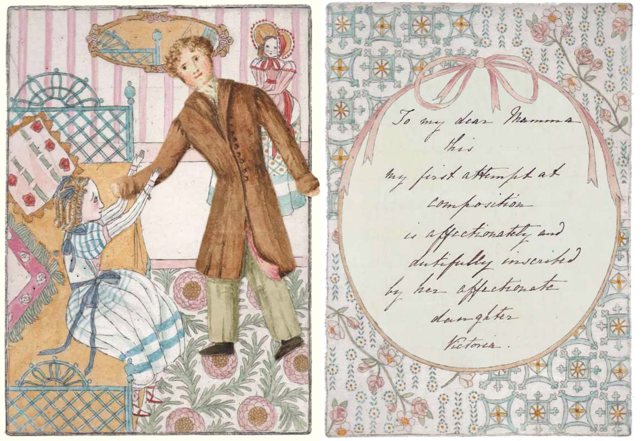 Illustration with one of Queen Victoria's paper dolls & her inscription to her mother in 'The Adventures of Alice Laselles' (courtesy Royal Collection Trust)