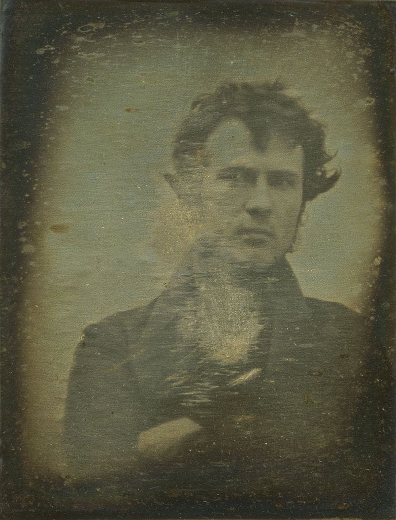 Self-portrait by Robert Cornelius (1839), considered the first photographic self-portrait created (via Library of Congress)