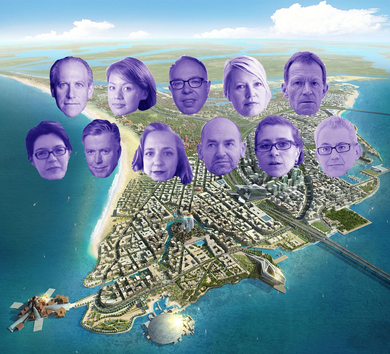 Some of the museum directors that signed the letter to Saadiyat Island-affiliated development and arts organizations today. In total, 60 people signed the letter. They are floating above an artistic rendering of the future Saadiyat Island with the signature buildings of the Guggenheim and Louvre franchises prominently on display at the bottom right. (graphic by Hrag Vartanian/Hyperallergic)