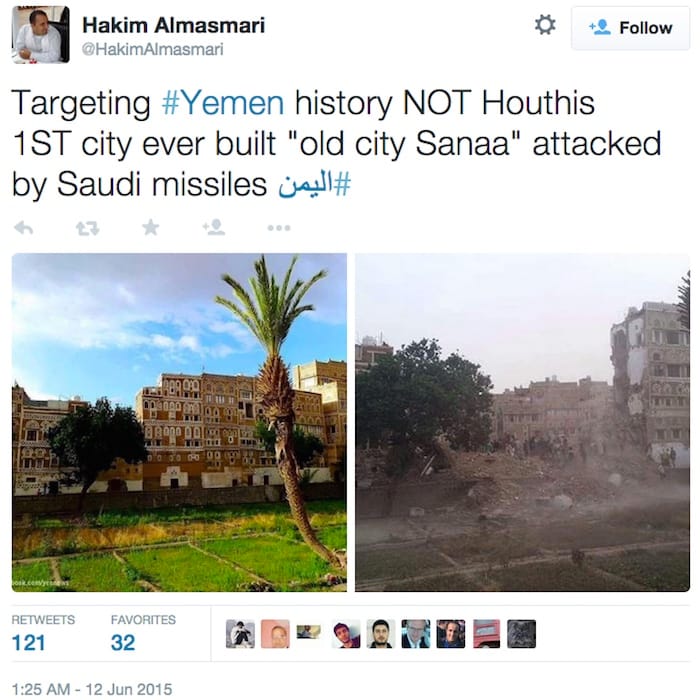 The site of the bombing in the old city of Sana'a on before and after Friday's attack. (via Hakim Almasmari/Twitter)